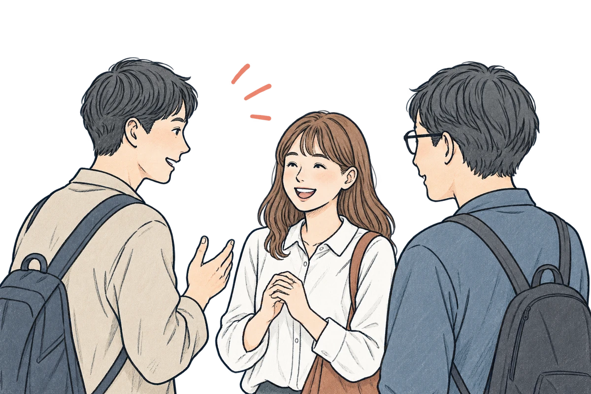 3人の学生が笑顔で話しているイラスト